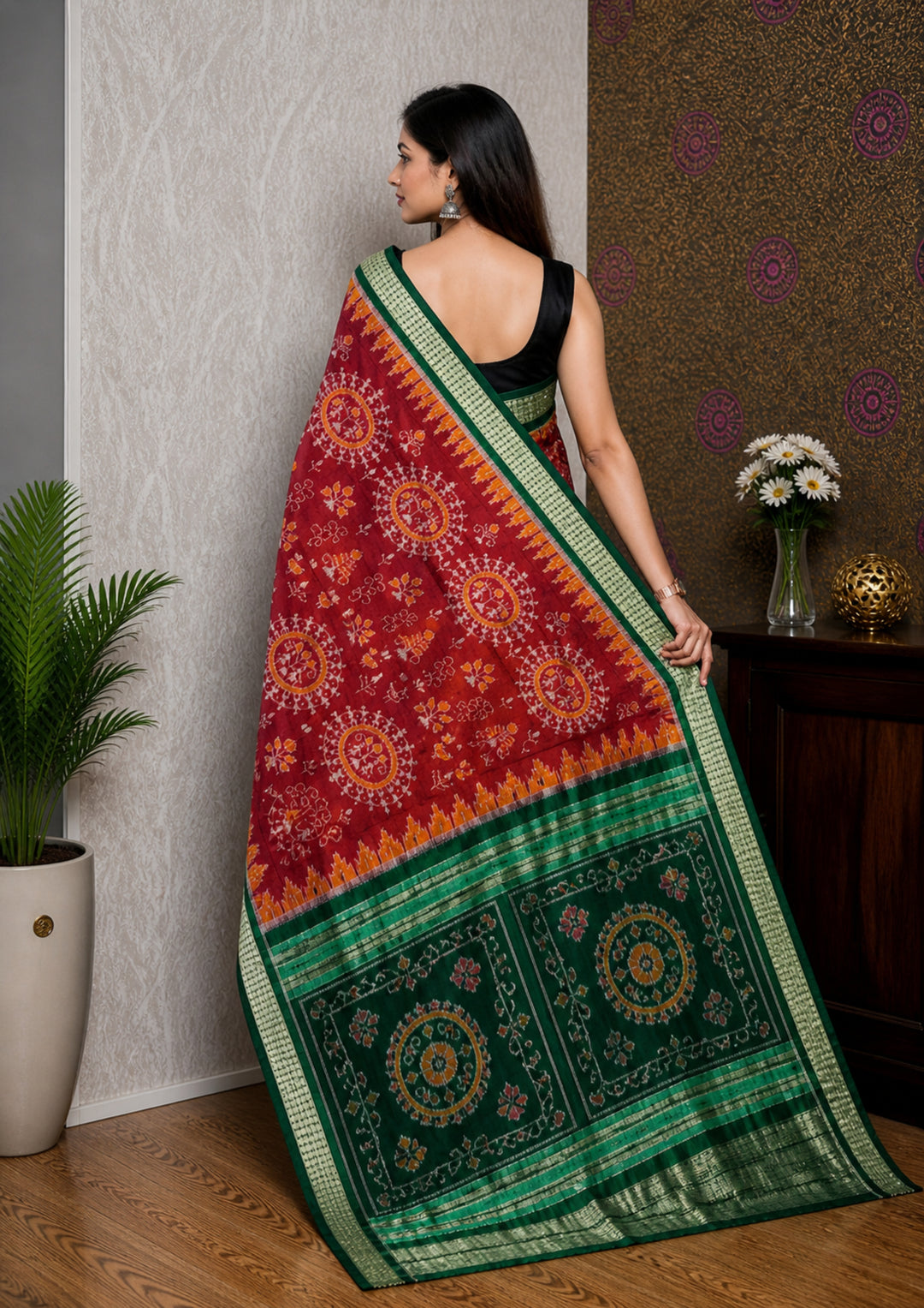 Handwoven Deep Red Sambalpuri Ikat Saree with Bottle Green Border & Pallu
