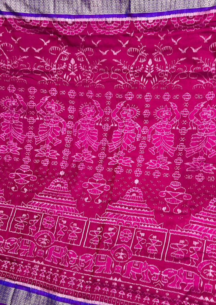 Handwoven Rani Pink Sambalpuri Ikat Saree with Royal Blue Pallu