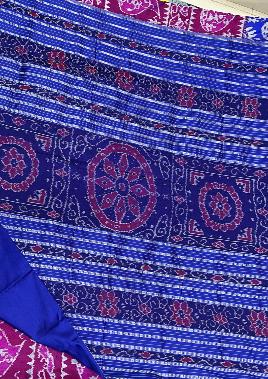 Handwoven Rani Pink Sambalpuri Ikat Saree with Royal Blue Pallu