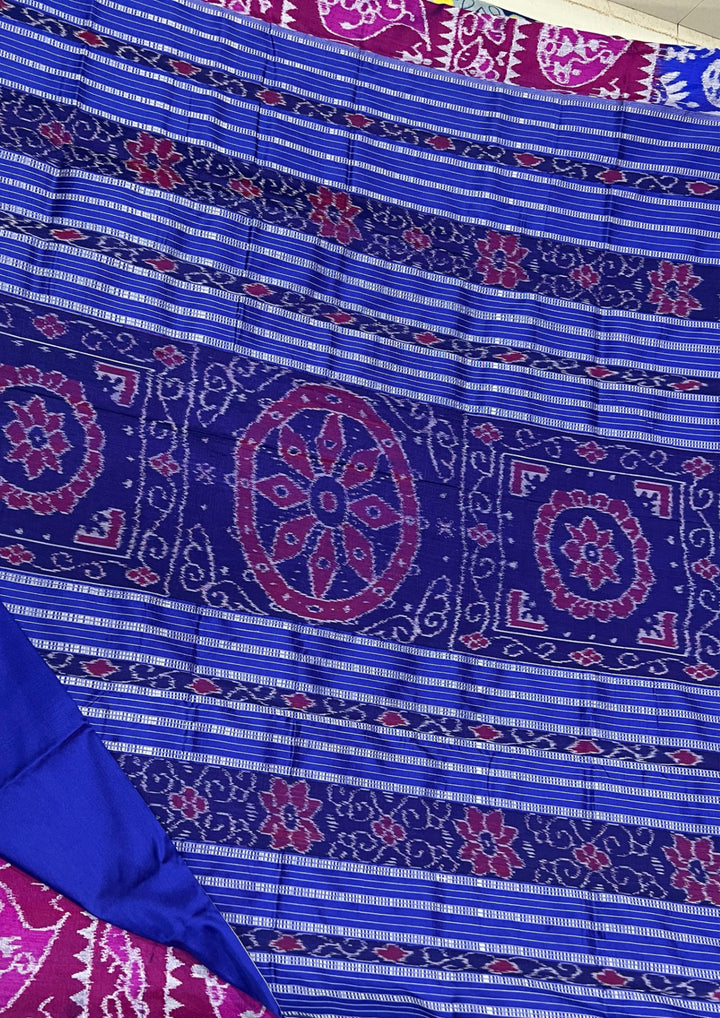 Handwoven Rani Pink Sambalpuri Ikat Saree with Royal Blue Pallu
