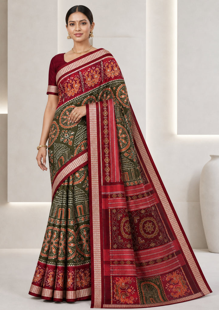 Handwoven Olive Green Sambalpuri Ikat Saree with Deep Maroon Borders