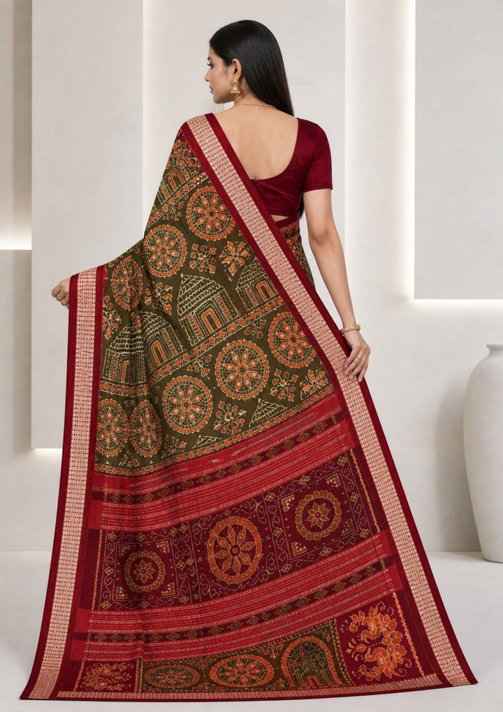 Handwoven Olive Green Sambalpuri Ikat Saree with Deep Maroon Borders