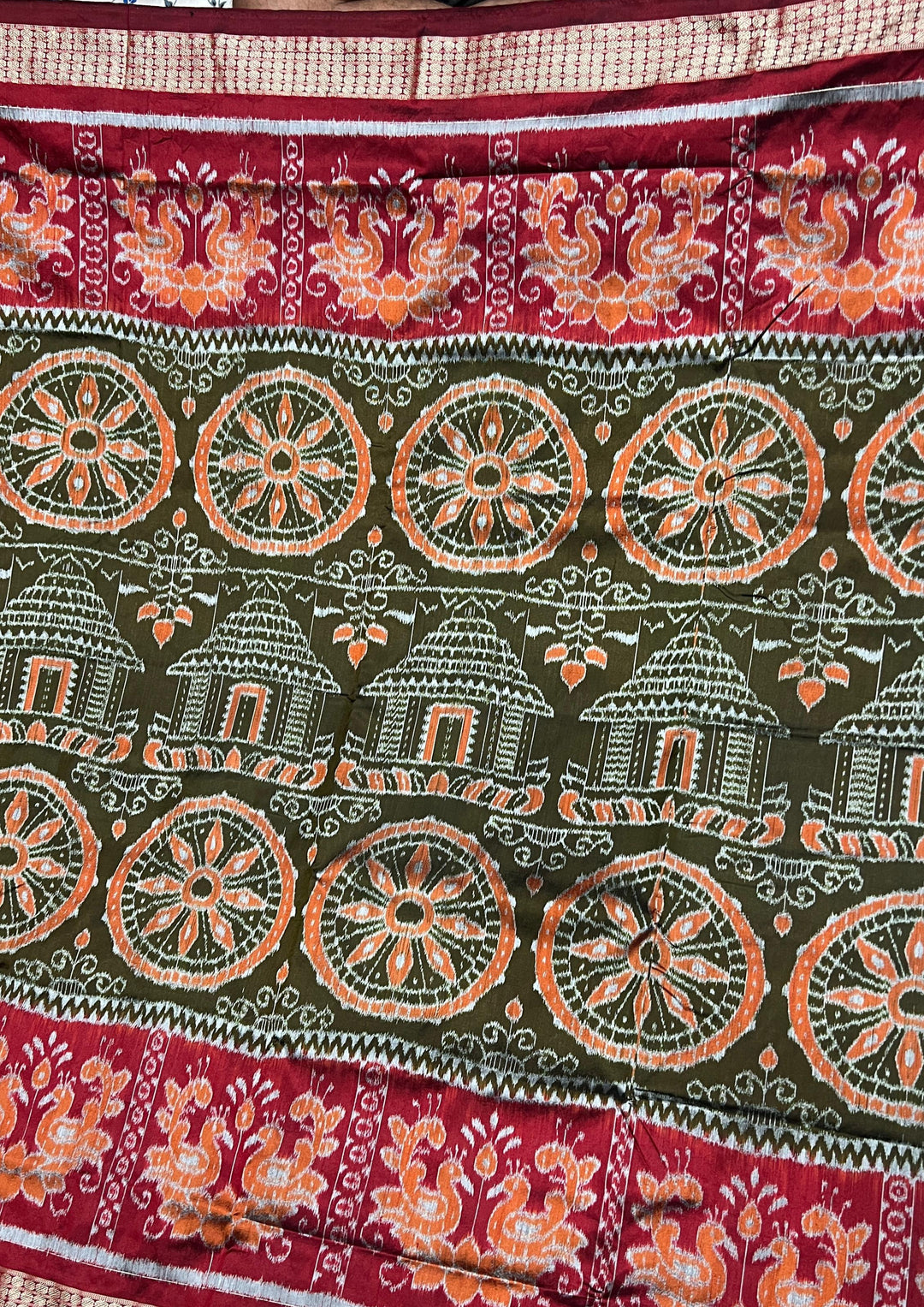Handwoven Olive Green Sambalpuri Ikat Saree with Deep Maroon Borders