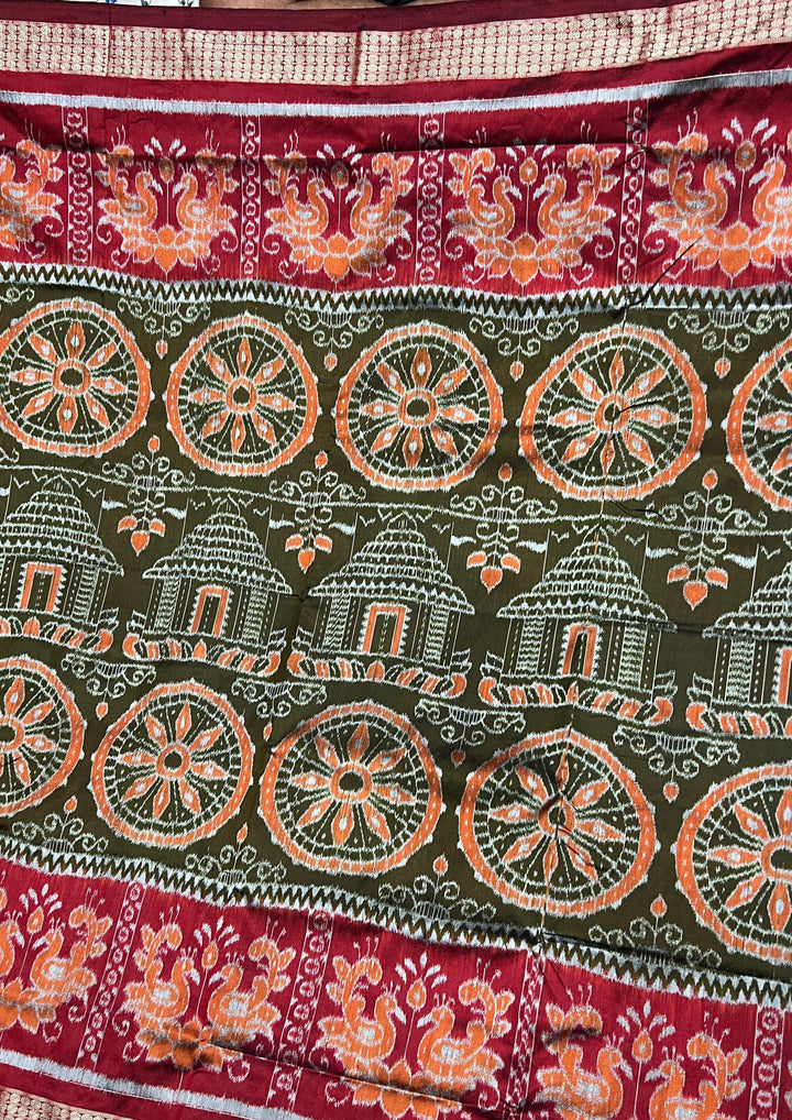 Handwoven Olive Green Sambalpuri Ikat Saree with Deep Maroon Borders