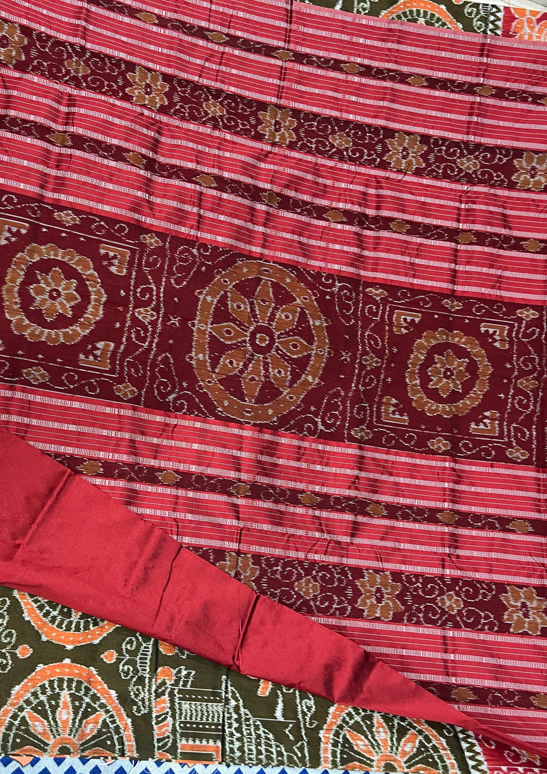 Handwoven Olive Green Sambalpuri Ikat Saree with Deep Maroon Borders