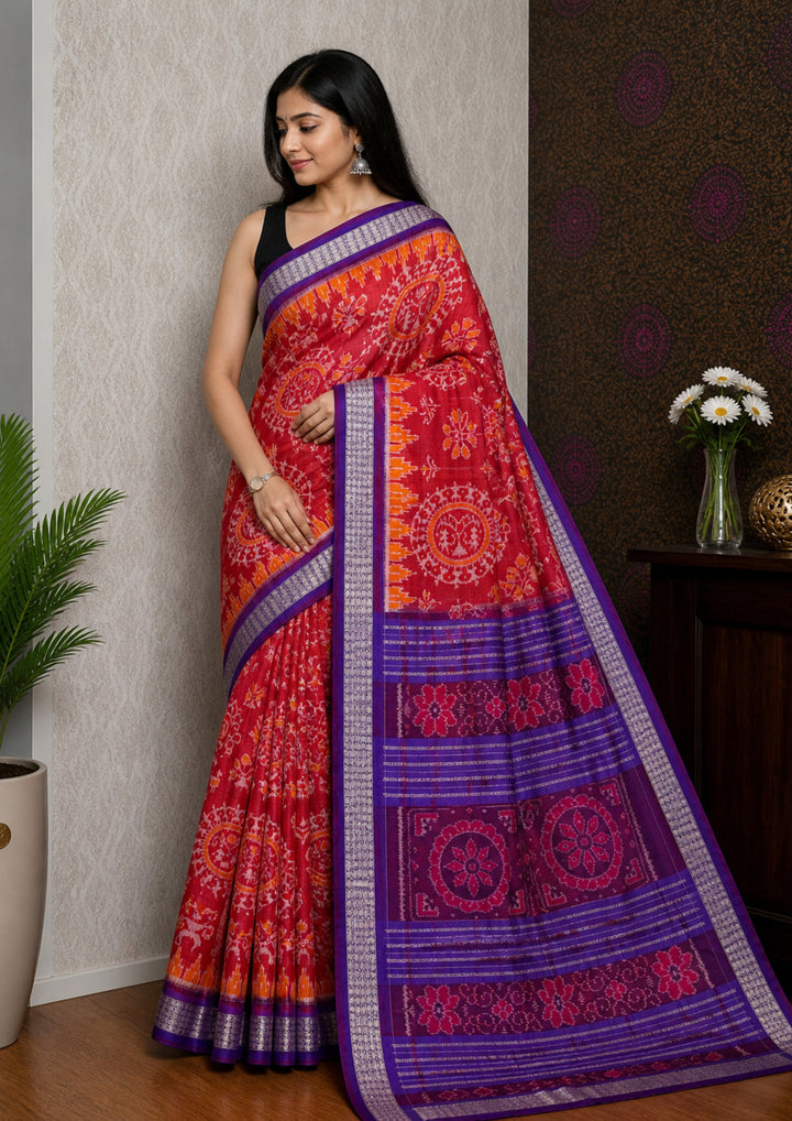 Handwoven Crimson Red Sambalpuri Ikat Saree with Royal Purple Borders