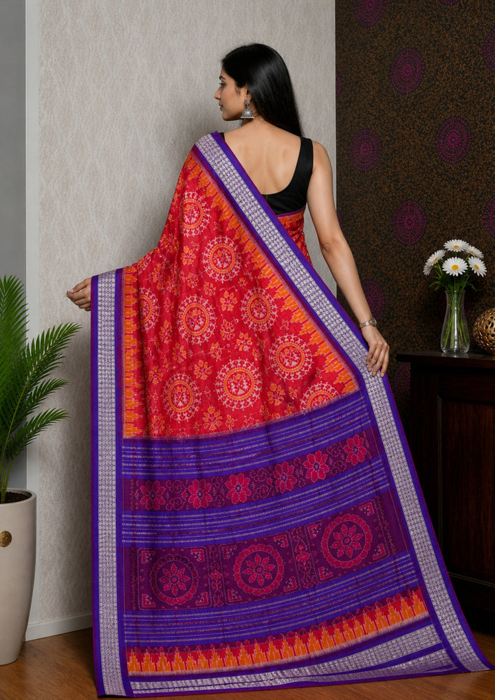Handwoven Crimson Red Sambalpuri Ikat Saree with Royal Purple Borders