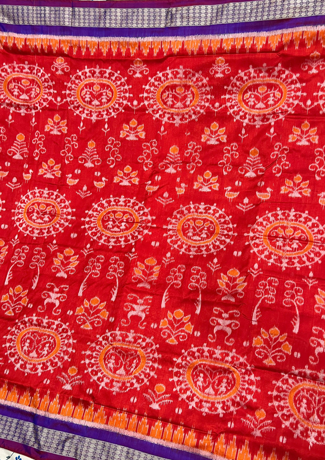 Handwoven Crimson Red Sambalpuri Ikat Saree with Royal Purple Borders