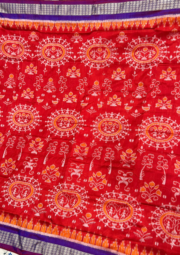 Handwoven Crimson Red Sambalpuri Ikat Saree with Royal Purple Borders