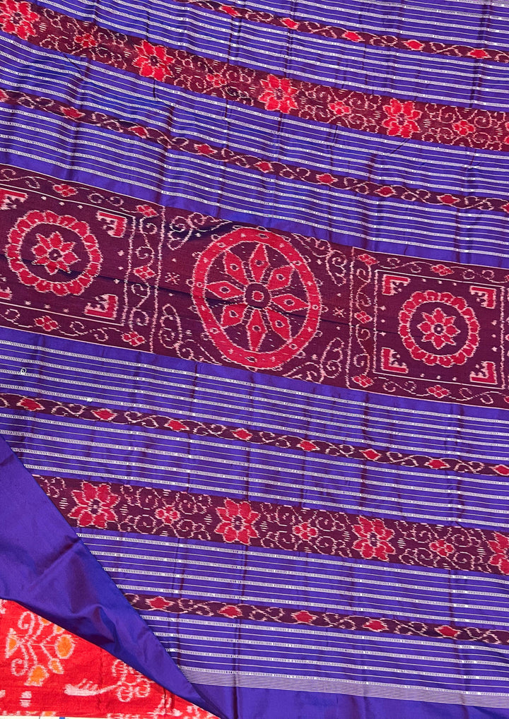 Handwoven Crimson Red Sambalpuri Ikat Saree with Royal Purple Borders