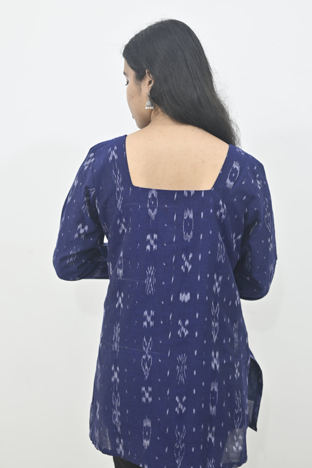 Wovio Modern Ikat Tunic - Navy Blue Base with White Motifs & Square Neck Design