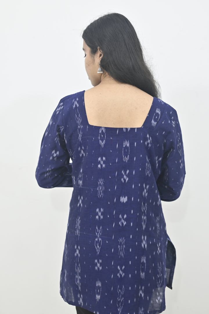 Wovio Modern Ikat Tunic - Navy Blue Base with White Motifs & Square Neck Design