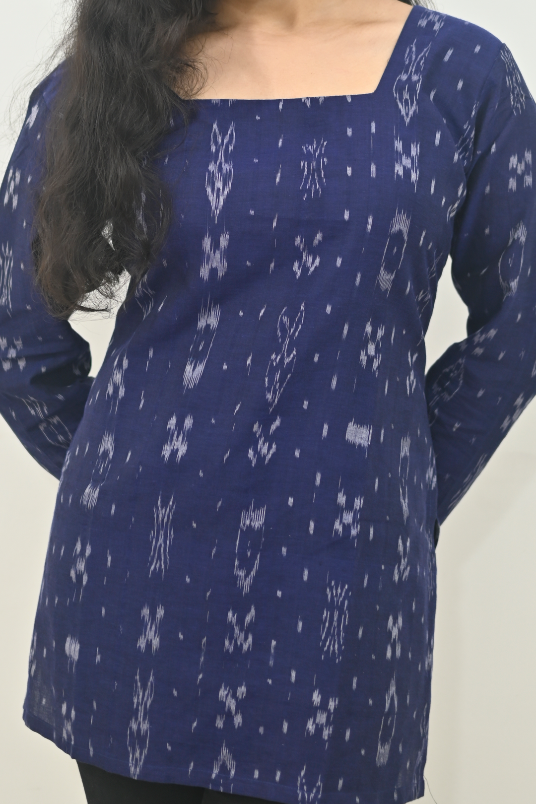 Wovio Modern Ikat Tunic - Navy Blue Base with White Motifs & Square Neck Design
