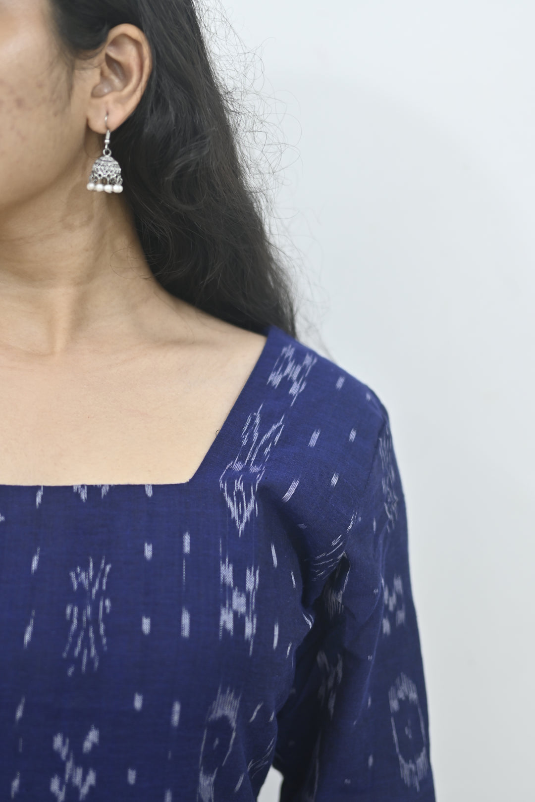 Wovio Modern Ikat Tunic - Navy Blue Base with White Motifs & Square Neck Design