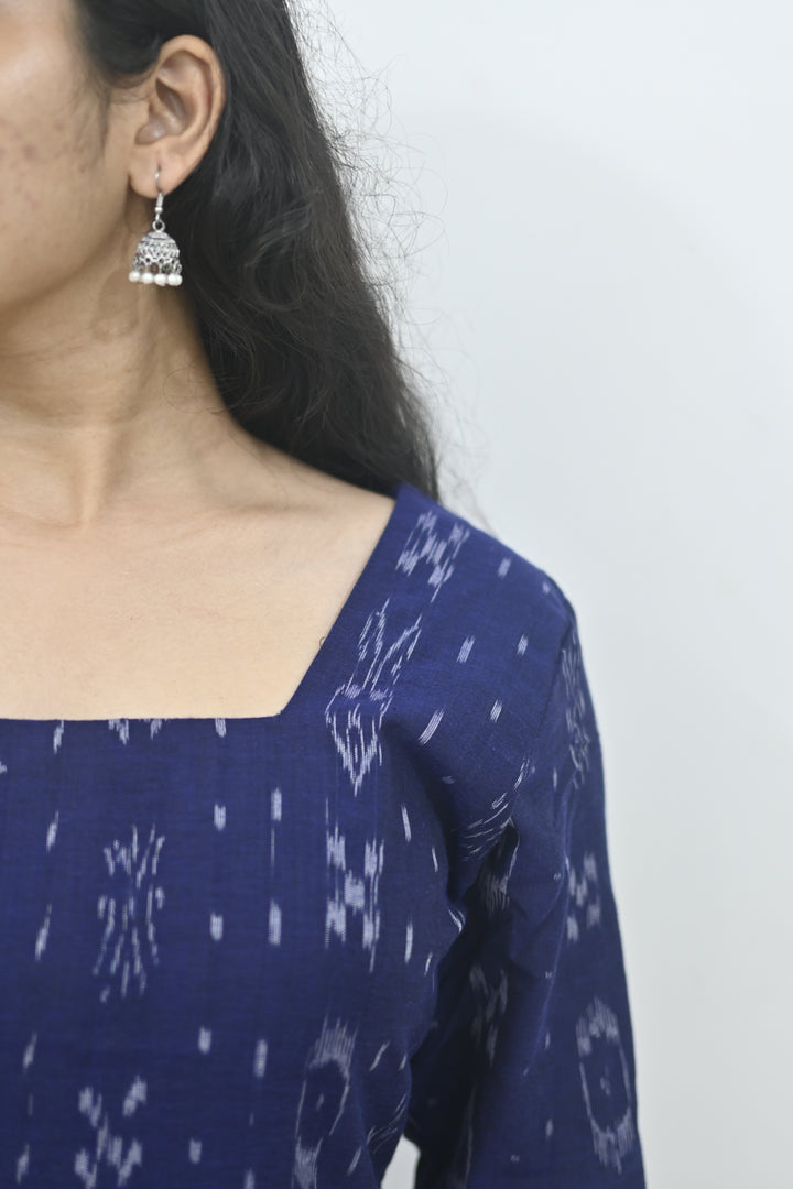 Wovio Modern Ikat Tunic - Navy Blue Base with White Motifs & Square Neck Design