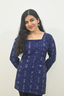 Wovio Modern Ikat Tunic - Navy Blue Base with White Motifs & Square Neck Design