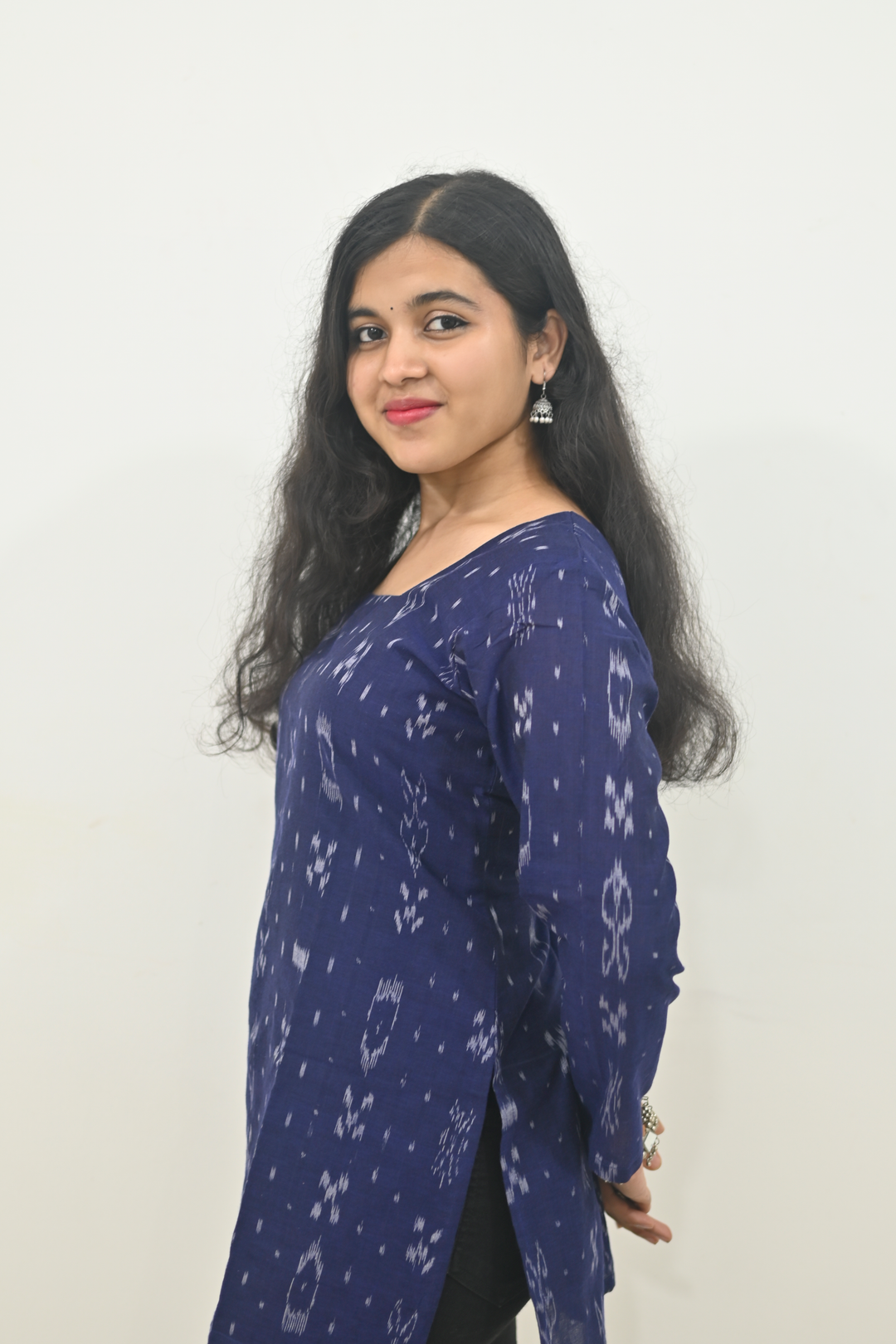 Wovio Modern Ikat Tunic - Navy Blue Base with White Motifs & Square Neck Design