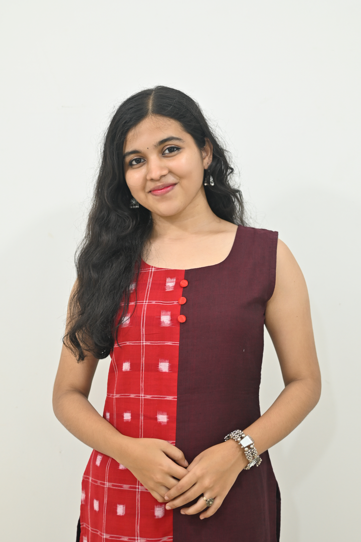 Wovio Modern Dual-Tone Ikat Dress - Red & Maroon Panel Design with Square Motif Pattern