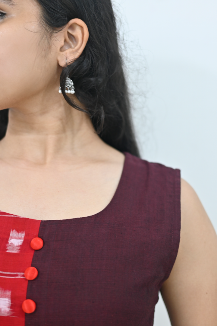 Wovio Modern Dual-Tone Ikat Dress - Red & Maroon Panel Design with Square Motif Pattern