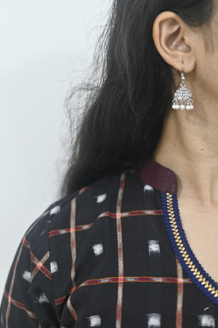 Wovio Modern Ikat Dress - Sambalpuri Checkered Overlap Design, Maroon Base with Black & Blue Highlights