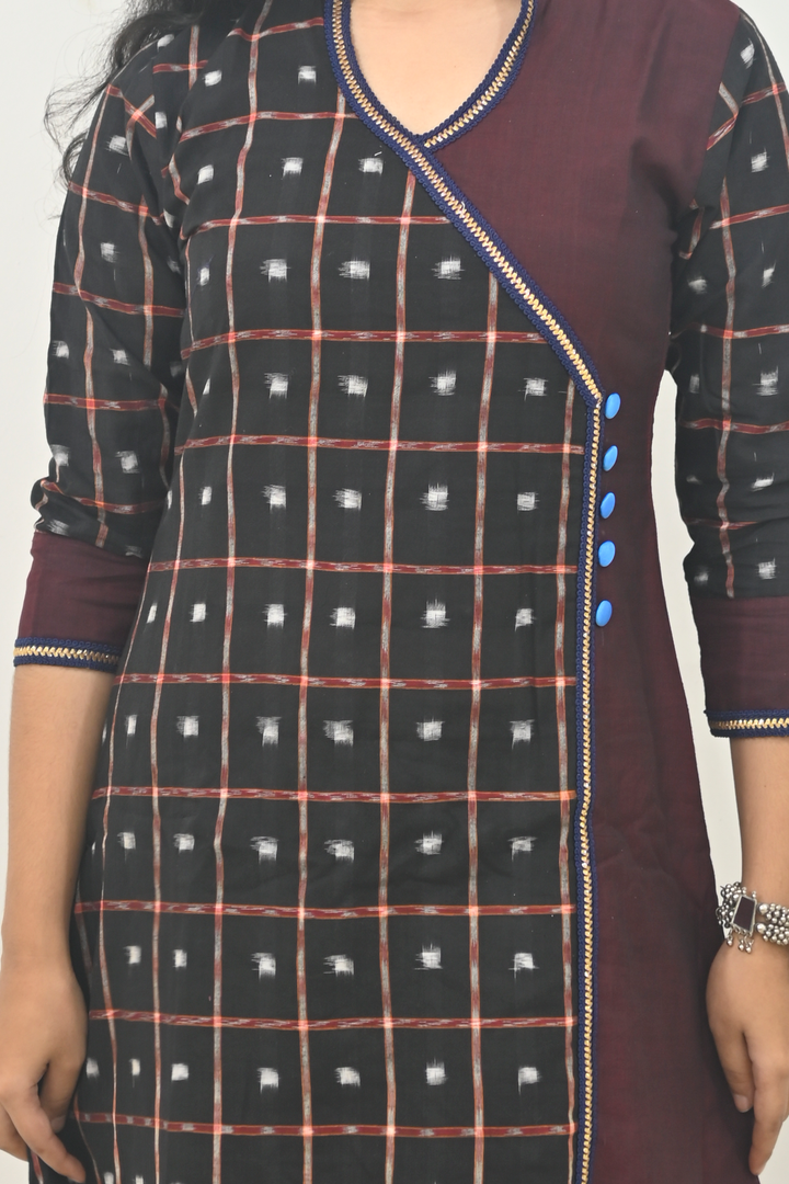 Wovio Modern Ikat Dress - Sambalpuri Checkered Overlap Design, Maroon Base with Black & Blue Highlights