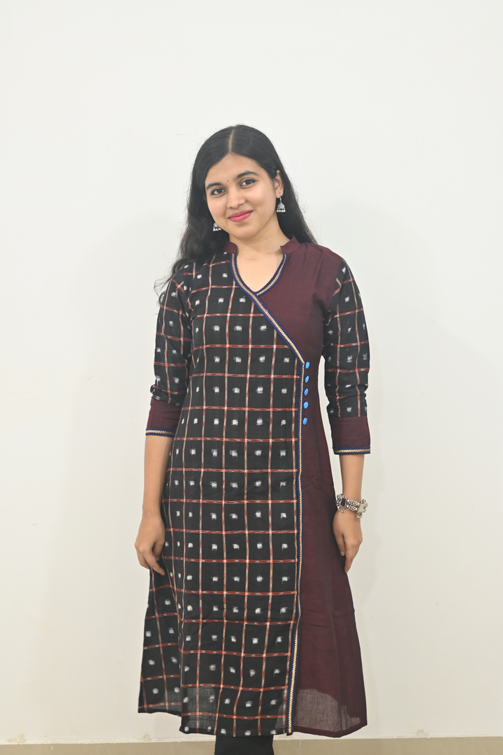 Wovio Modern Ikat Dress - Sambalpuri Checkered Overlap Design, Maroon Base with Black & Blue Highlights