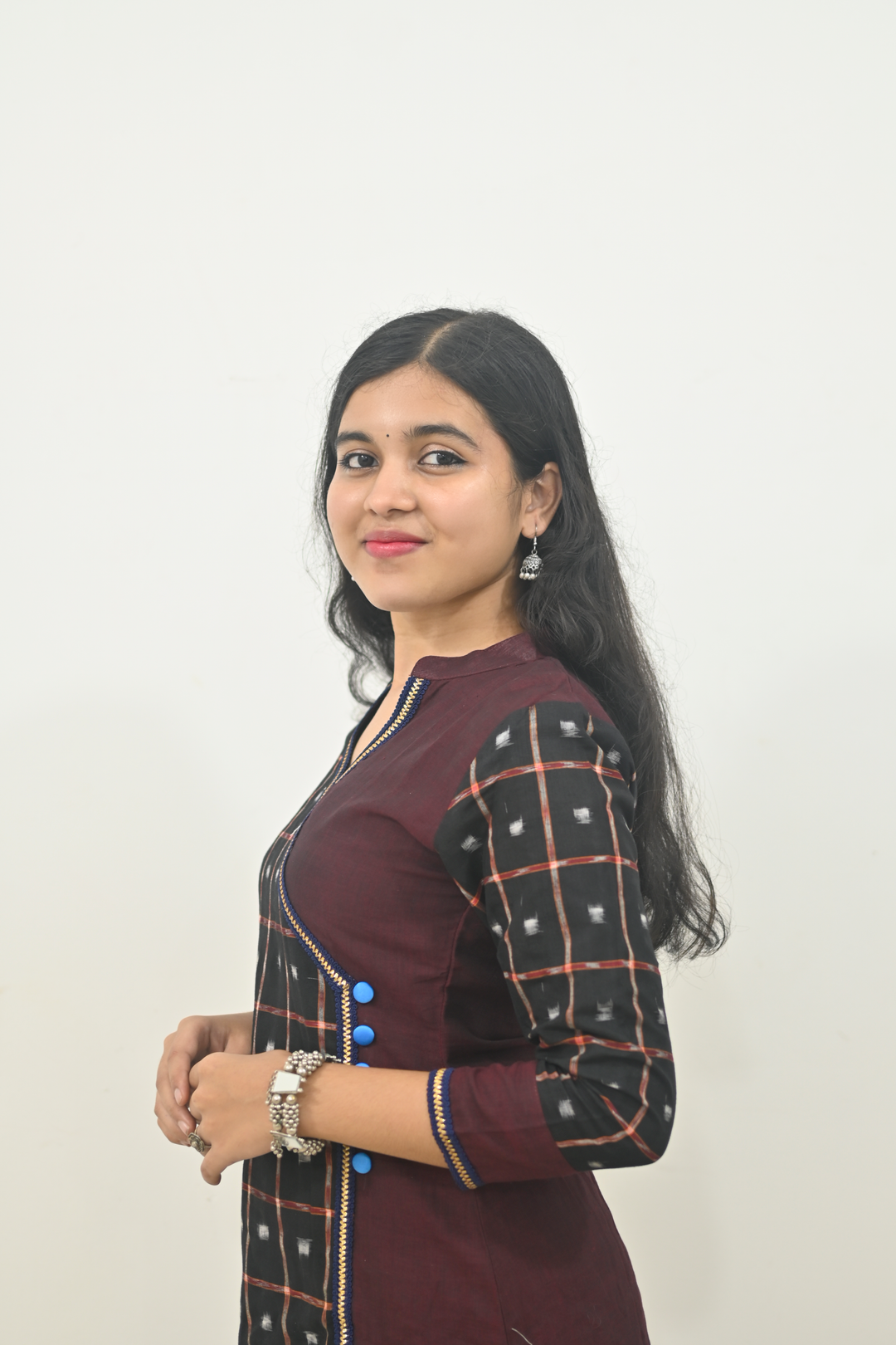 Wovio Modern Ikat Dress - Sambalpuri Checkered Overlap Design, Maroon Base with Black & Blue Highlights