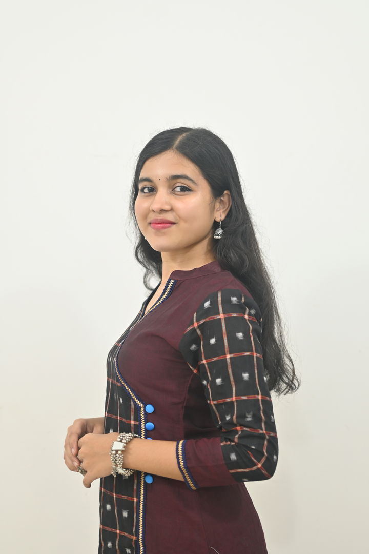 Wovio Modern Ikat Dress - Sambalpuri Checkered Overlap Design, Maroon Base with Black & Blue Highlights