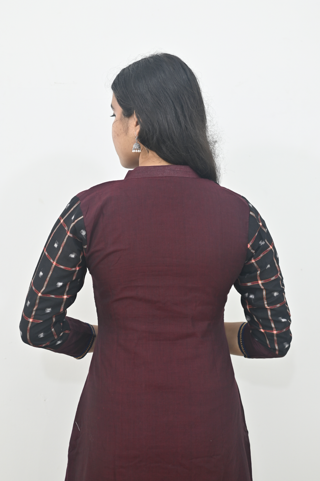 Wovio Modern Ikat Dress - Sambalpuri Checkered Overlap Design, Maroon Base with Black & Blue Highlights