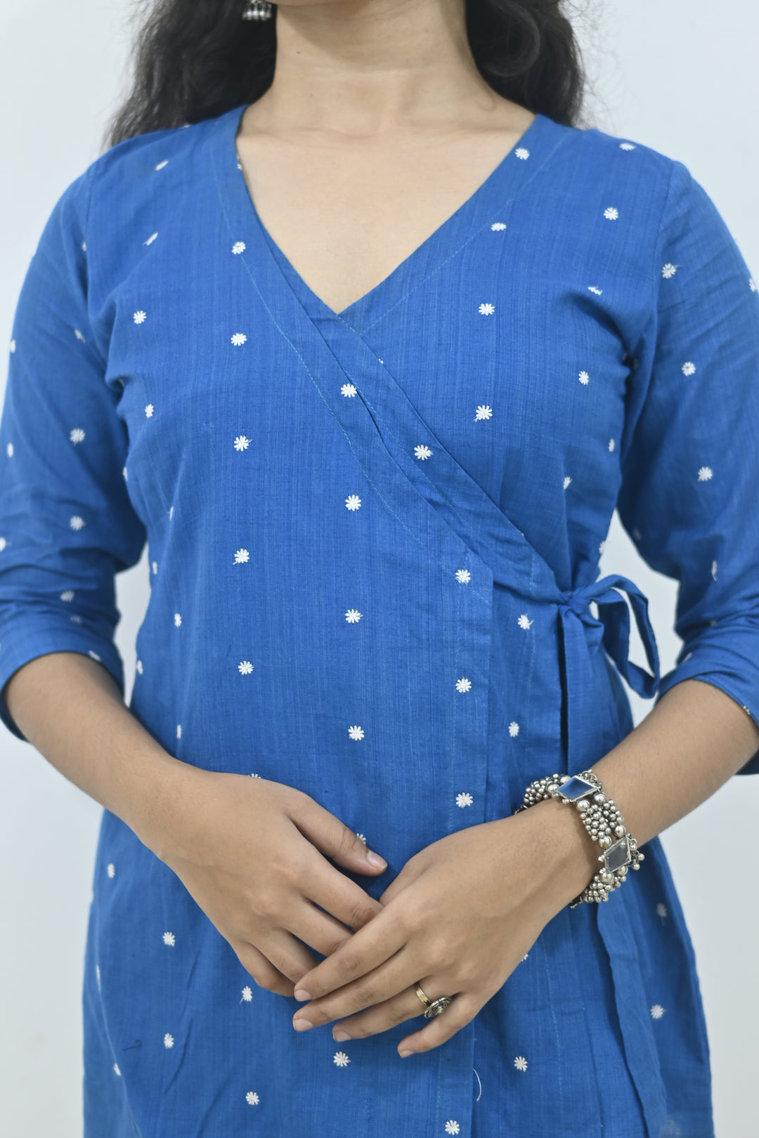 Wovio Modern Ikat Wrap Top - Sky Blue Base with White Dot Motifs & Side-Tie Design