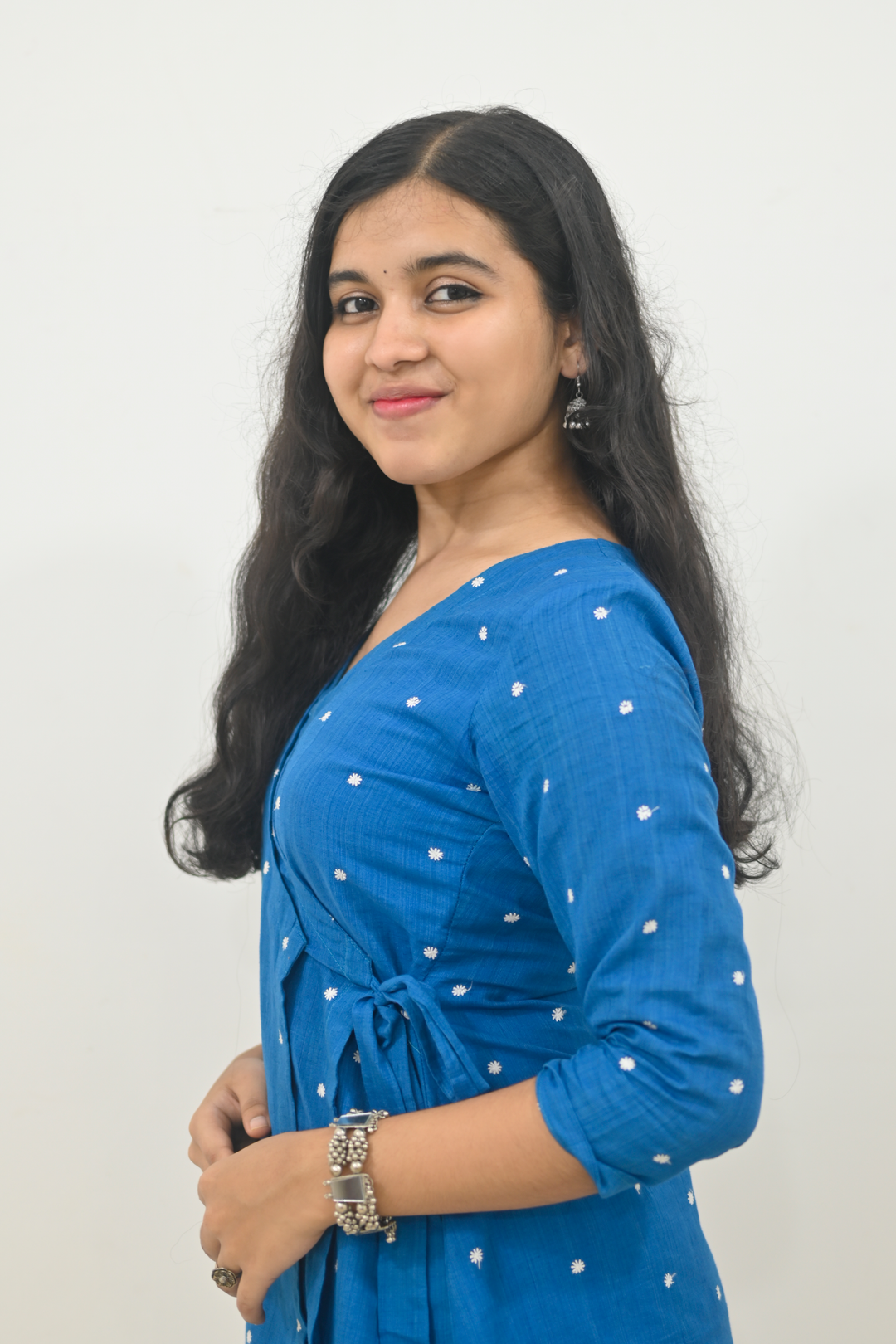 Wovio Modern Ikat Wrap Top - Sky Blue Base with White Dot Motifs & Side-Tie Design