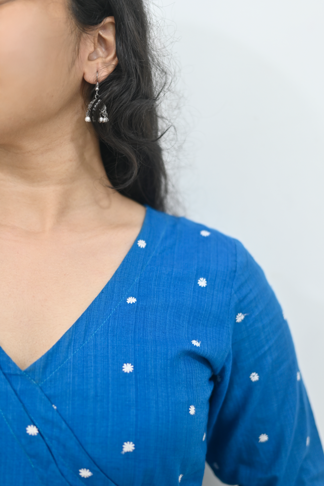 Wovio Modern Ikat Wrap Top - Sky Blue Base with White Dot Motifs & Side-Tie Design