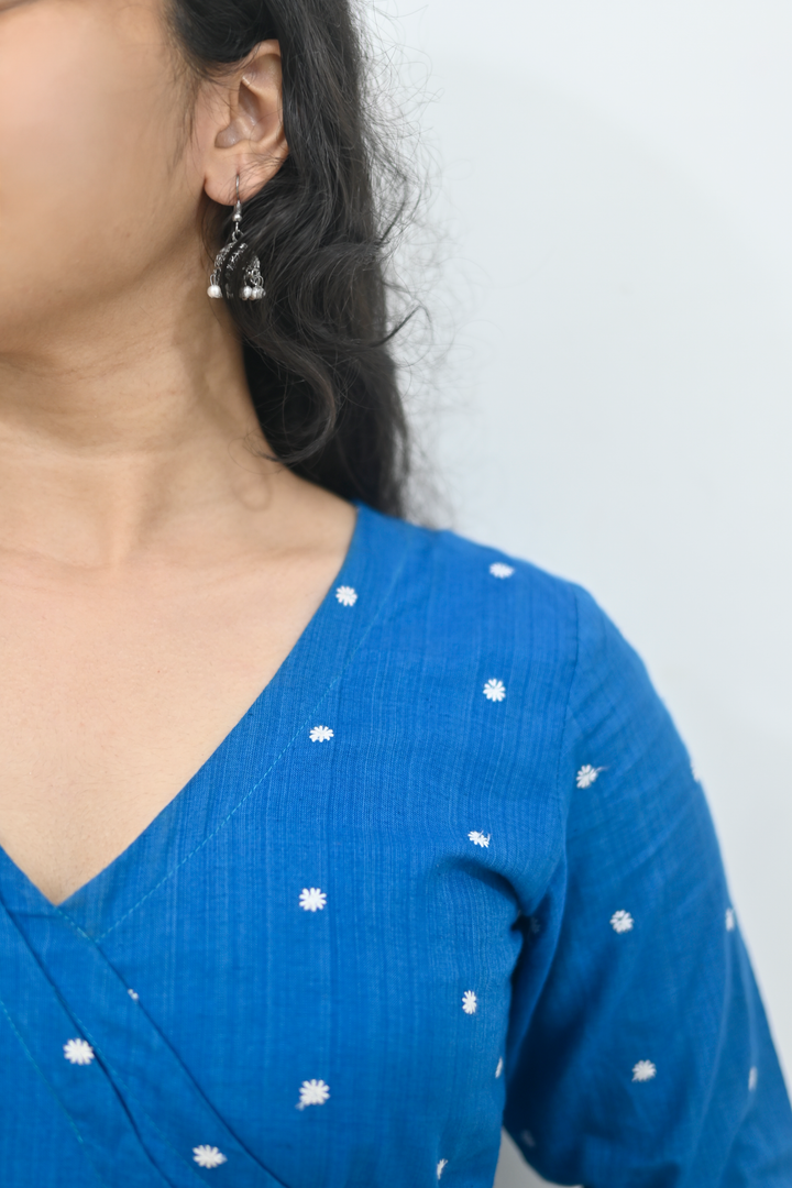 Wovio Modern Ikat Wrap Top - Sky Blue Base with White Dot Motifs & Side-Tie Design