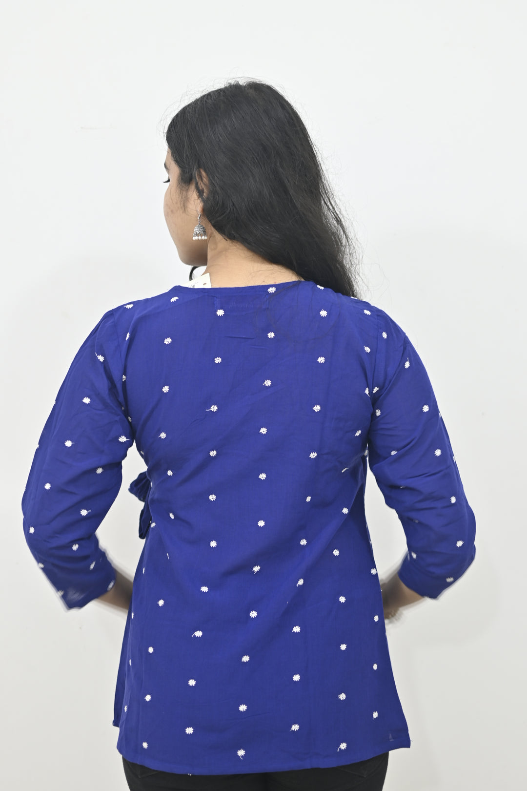 Wovio Modern Ikat Wrap Top - Navy Blue Base with White Dot Motifs & Side-Tie Design