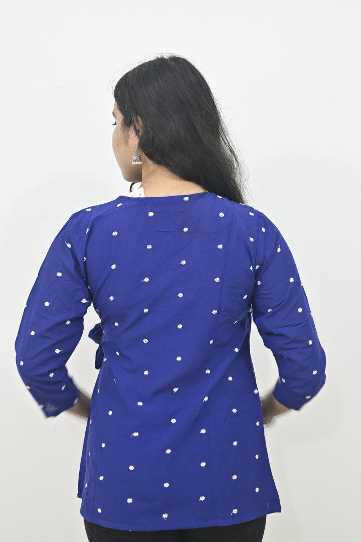 Wovio Modern Ikat Wrap Top - Navy Blue Base with White Dot Motifs & Side-Tie Design