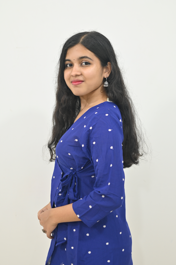 Wovio Modern Ikat Wrap Top - Navy Blue Base with White Dot Motifs & Side-Tie Design