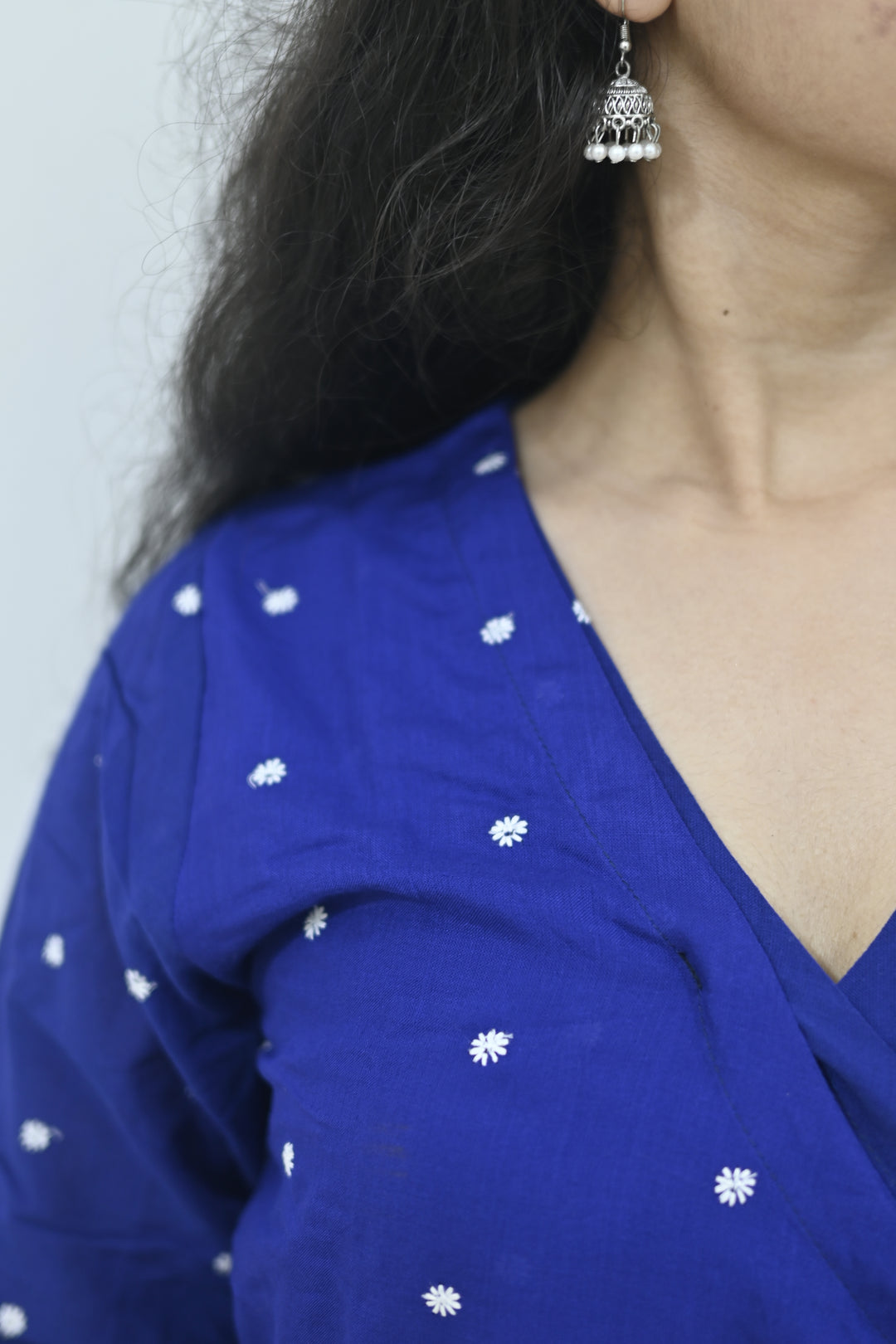 Wovio Modern Ikat Wrap Top - Navy Blue Base with White Dot Motifs & Side-Tie Design