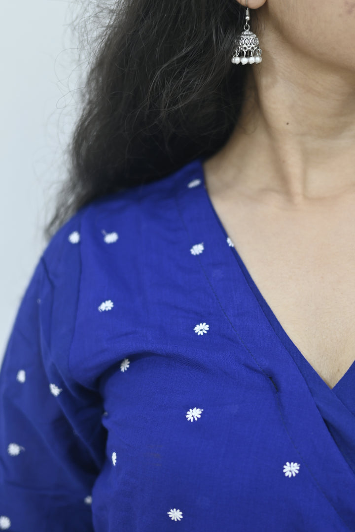 Wovio Modern Ikat Wrap Top - Navy Blue Base with White Dot Motifs & Side-Tie Design