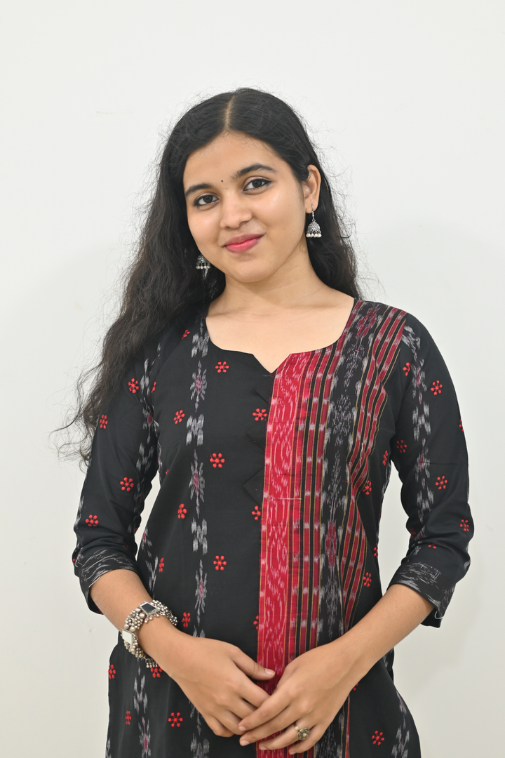 Wovio Modern Ikat Fusion Top V Neck – Black Base with Mini Dot Motifs & Red–Black