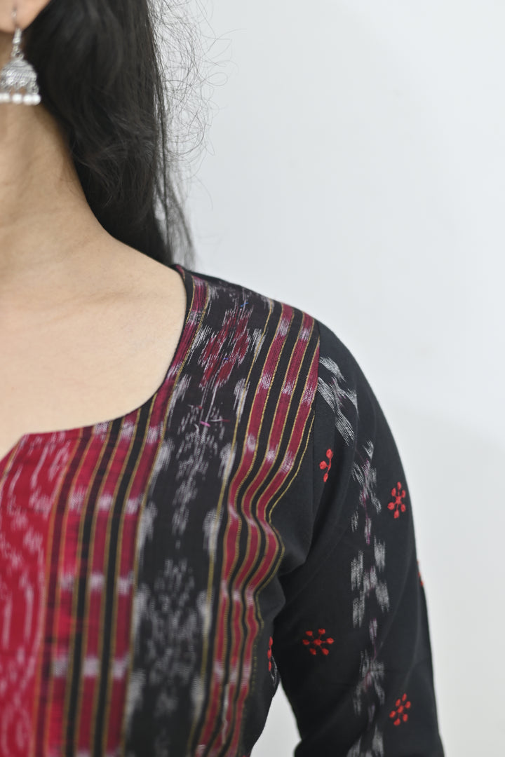 Wovio Modern Ikat Fusion Top V Neck – Black Base with Mini Dot Motifs & Red–Black