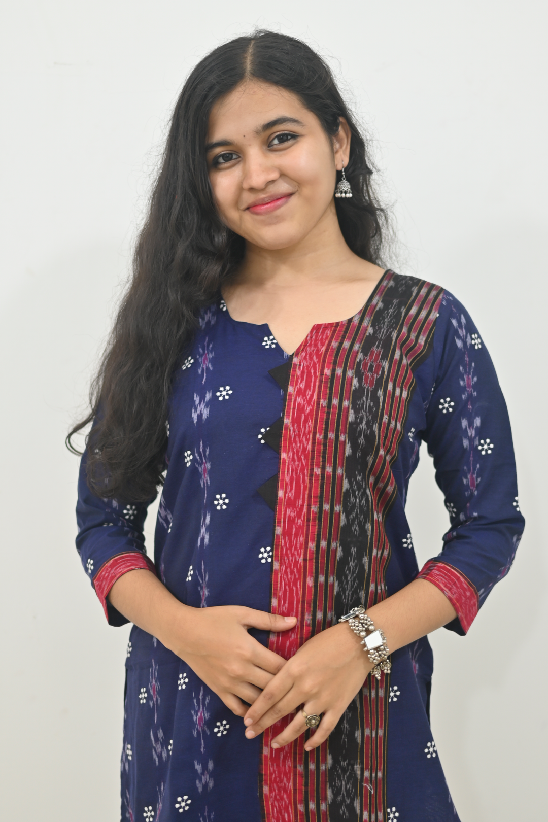 Wovio Modern Ikat Fusion Top V Neck – Blue Base with Mini Dot Motifs & Red–Black