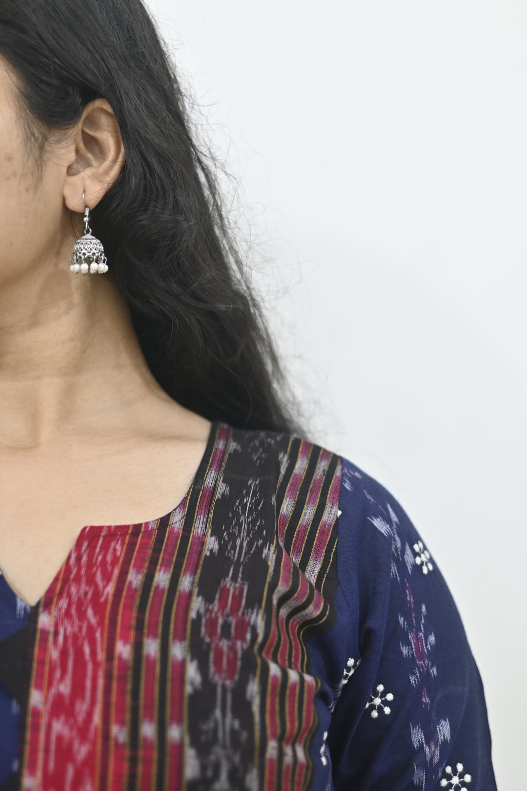 Wovio Modern Ikat Fusion Top V Neck – Blue Base with Mini Dot Motifs & Red–Black