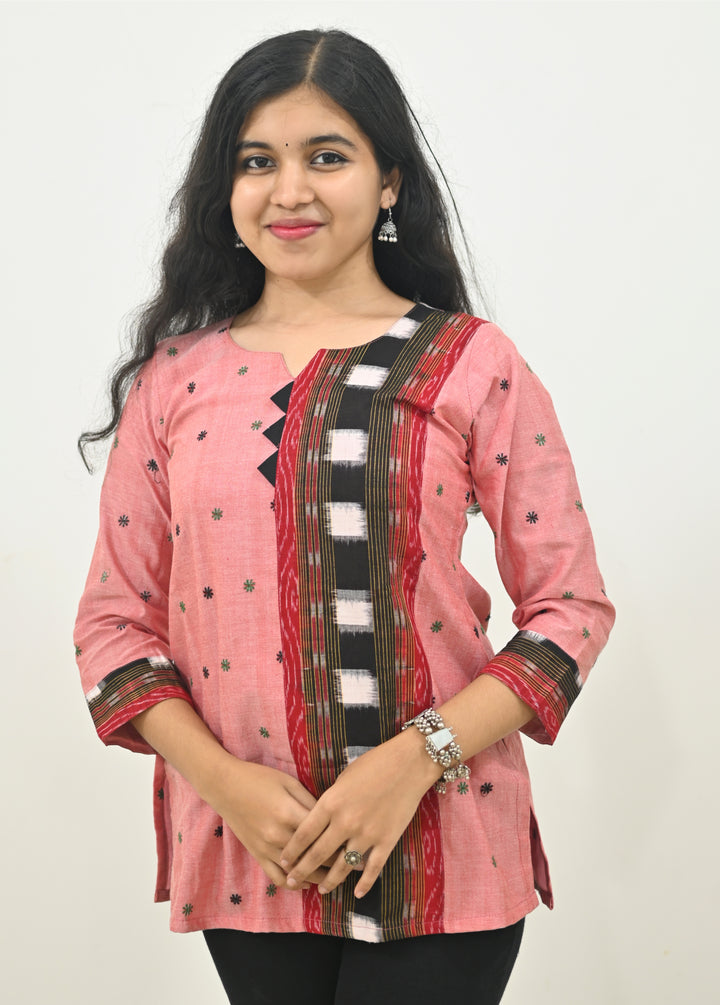 Wovio Modern Ikat Fusion Top V Neck – Pink Base with Mini Dot Motifs & Red– Black