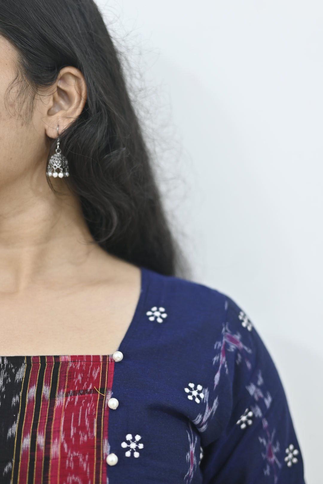 Wovio Modern Ikat Fusion Top D Neck – Blue Base with Mini Dot Motifs & Red–Black