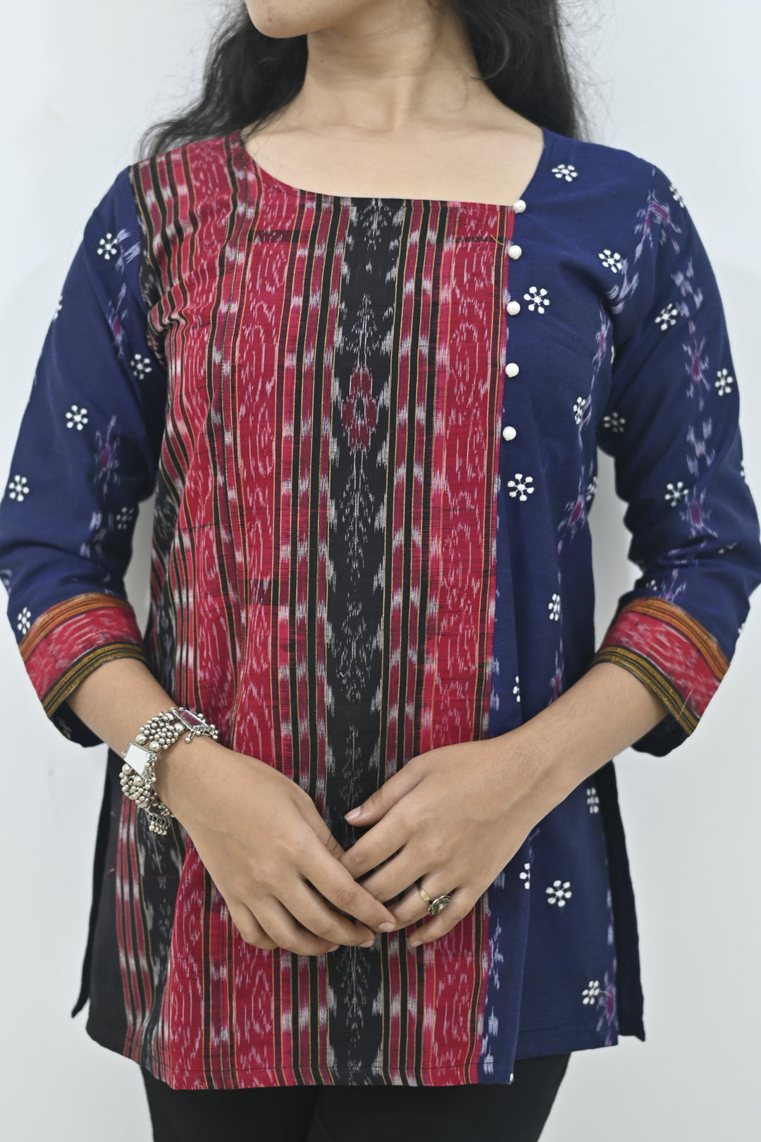 Wovio Modern Ikat Fusion Top D Neck – Blue Base with Mini Dot Motifs & Red–Black