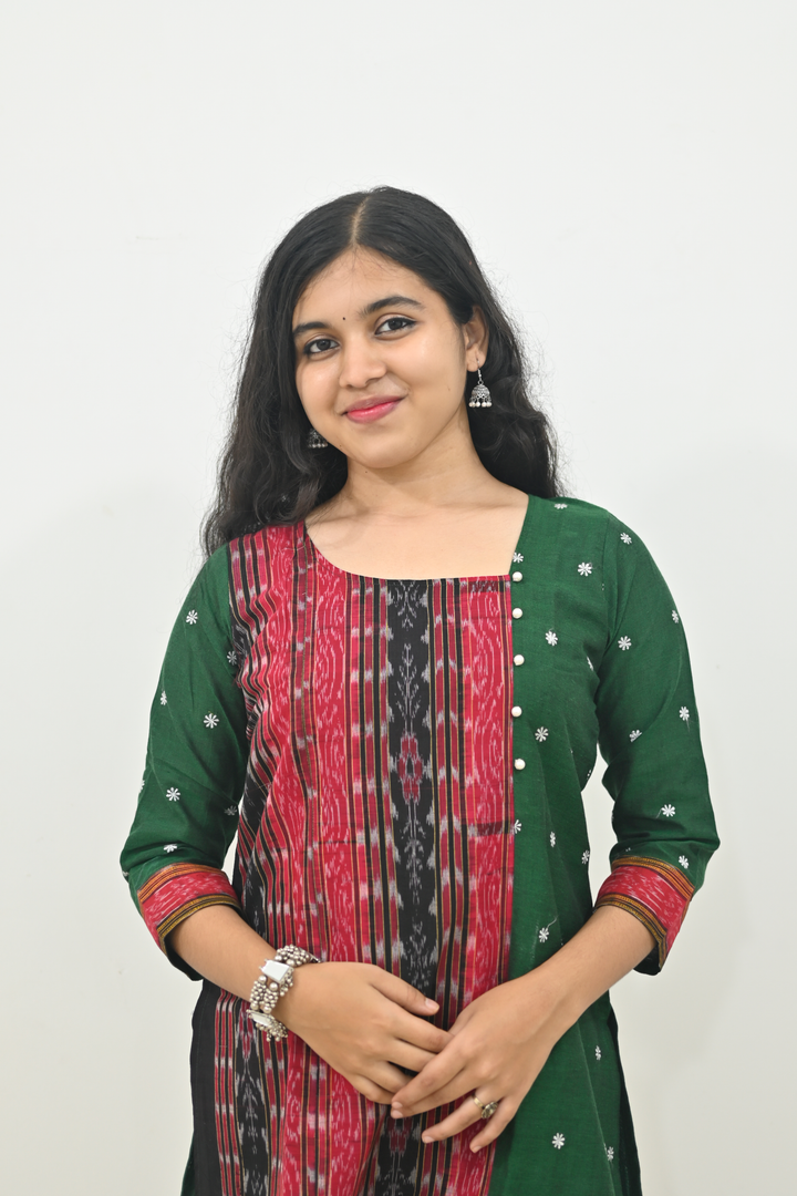 Wovio Modern Ikat Fusion Top D Neck – Green Base with Mini Dot Motifs & Red–Black