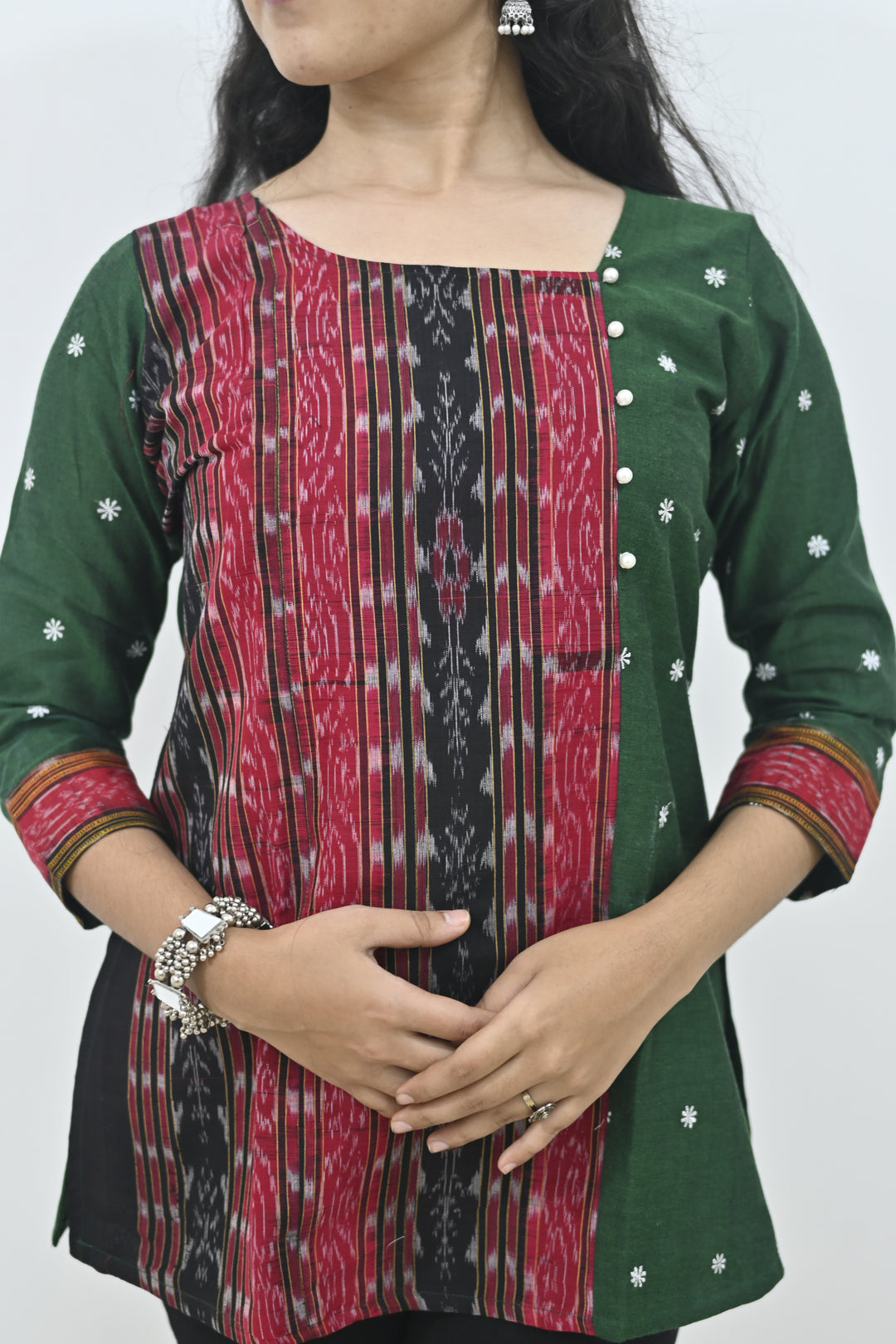 Wovio Modern Ikat Fusion Top D Neck – Green Base with Mini Dot Motifs & Red–Black