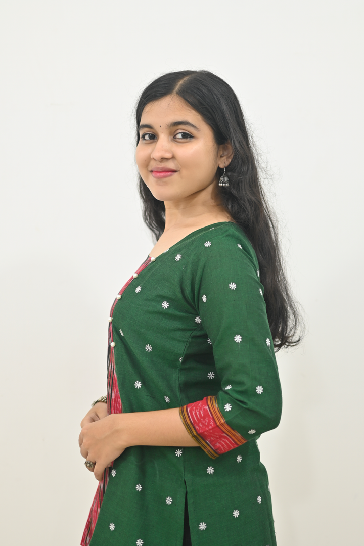 Wovio Modern Ikat Fusion Top D Neck – Green Base with Mini Dot Motifs & Red–Black