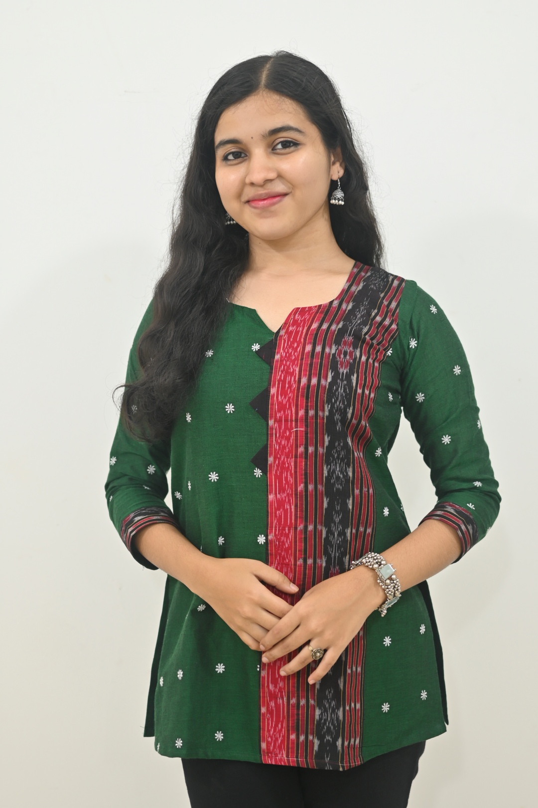 Wovio Modern Ikat Fusion Top V Neck – Green Base with Mini Dot Motifs & Red–Black