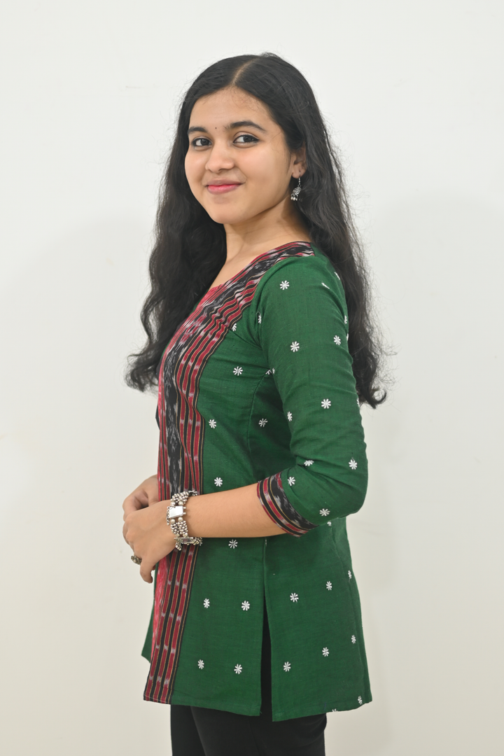 Wovio Modern Ikat Fusion Top V Neck – Green Base with Mini Dot Motifs & Red–Black